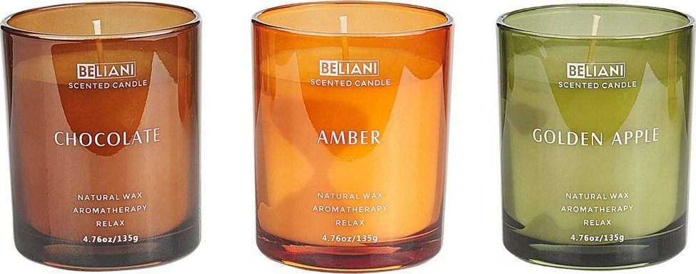 Beliani 3 świece zapachowe sojowe złote jabłko/ czekolada/ bursztyn SHEER JOY