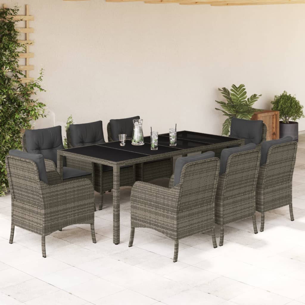 vidaXL VidaXL 9 Piece Patio Dining Set with Cushions Gray Poly Rattan