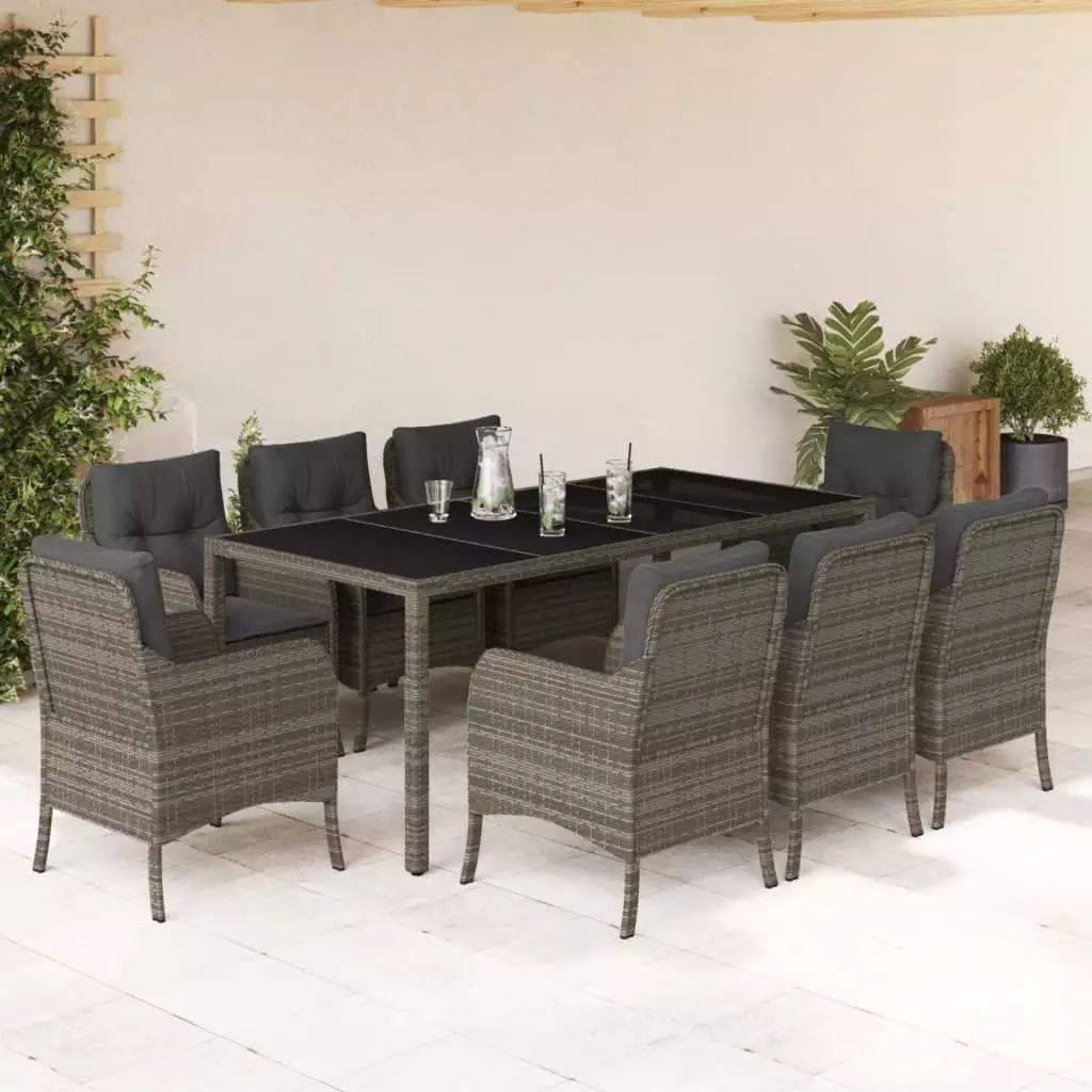 vidaXL VidaXL 9 Piece Patio Dining Set with Cushions Gray Poly Rattan
