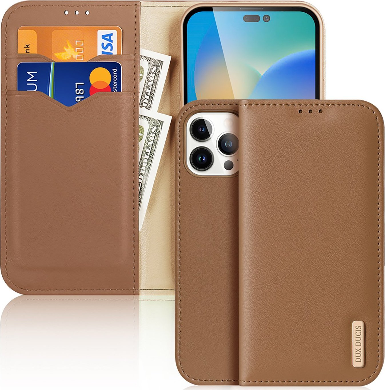 Dux Ducis Dux Ducis Hivo skórzane etui z klapką pokrowiec ze skóry naturalnej portfel na karty i dokumenty iPhone 14 Pro Max brązowy