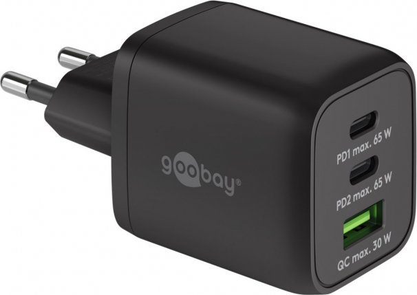 Kabel USB Goobay goobay USB-C quick charger Nano, PD, GaN, 65 watts, USB-C textile cable (black, 1x USB-A, 2x USB-C PD, Quick Charge 3.0, 1 meter cabl