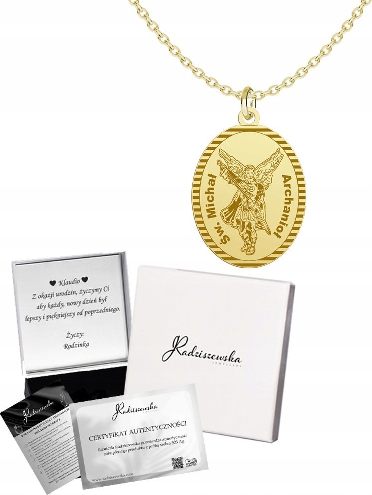 Radziszewska Jewellery Złoty Naszyjnik Święty Michał Archanioł Łańcuszek Srebro 925 Prezent GRAWER
