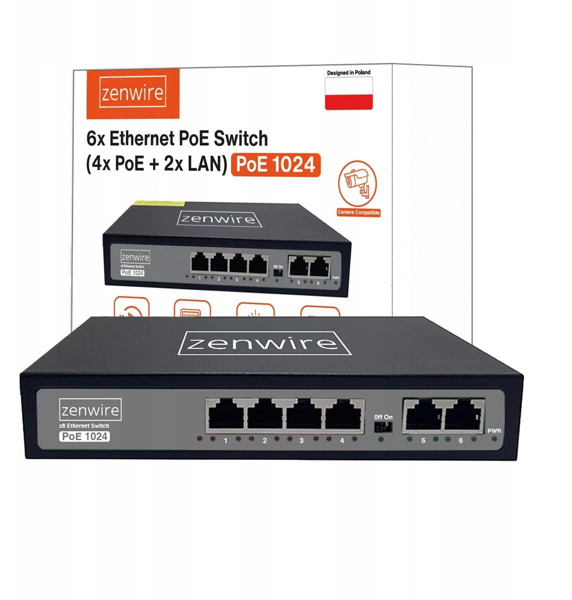 Switch Zasilacz Rozdzielacz POE LAN 8 Portów 6 Ethernet RJ45 100Mbps Kamer