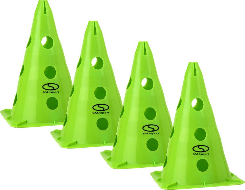 Zestaw pachołków treningowych 4 szt. - 30 cm zielone / PT4-13H-GZestaw 4 pachołków SMJ sport 30 cm z 12 otworami bocznymi i jednym górnym. Wytrzymałe,