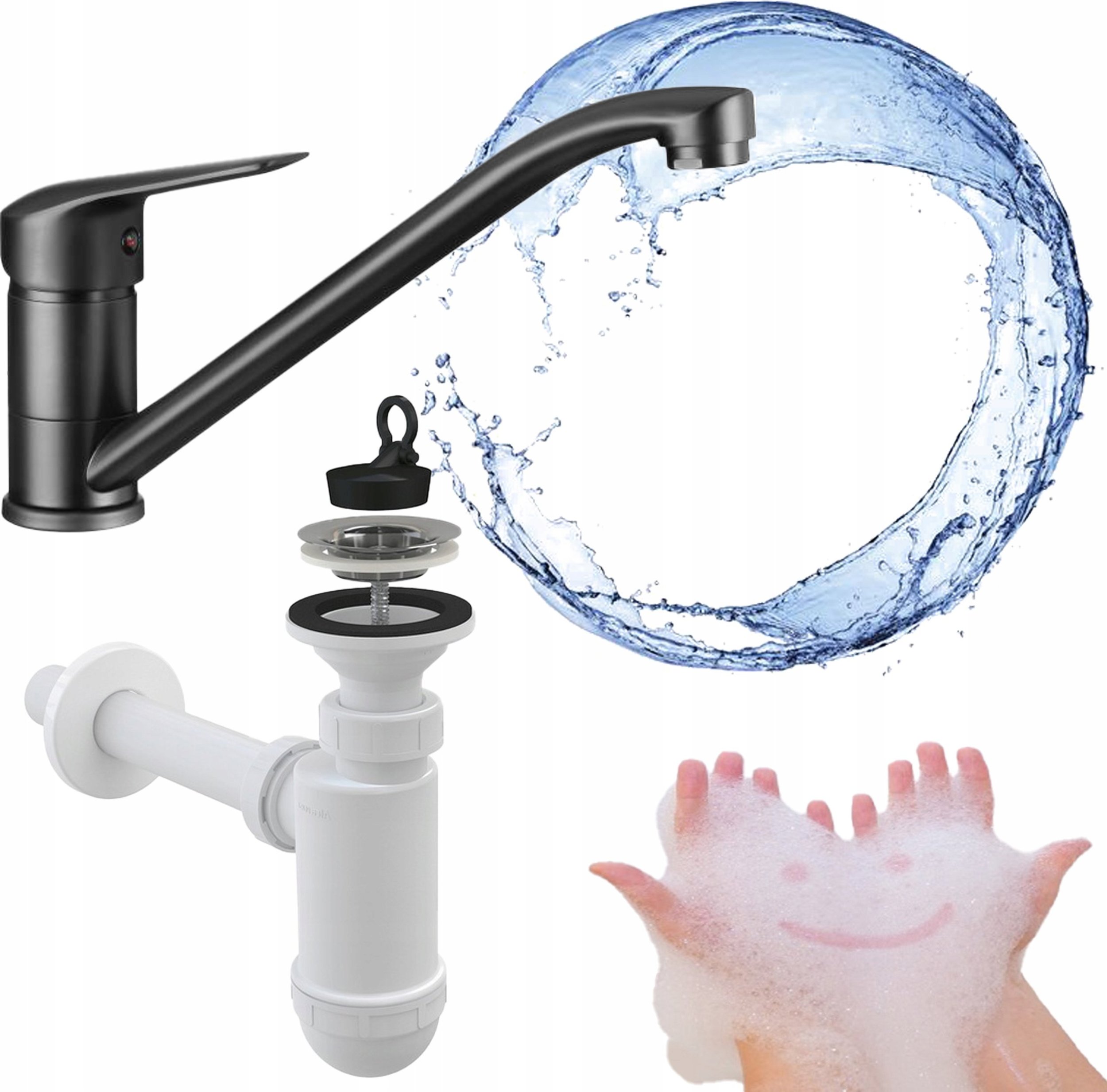 Bateria umywalkowa Stamar Bateria Umywalkowa Stojąca Czarna Obrotowa + Syfon Gumowy Korek Zestaw