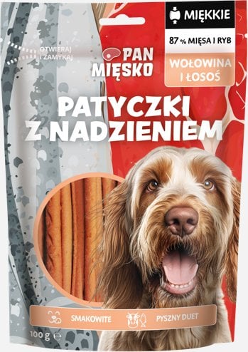 Przysmak dla psa Patyczki z nadzieniem Wołowina i łosoś (dorosły) 100g