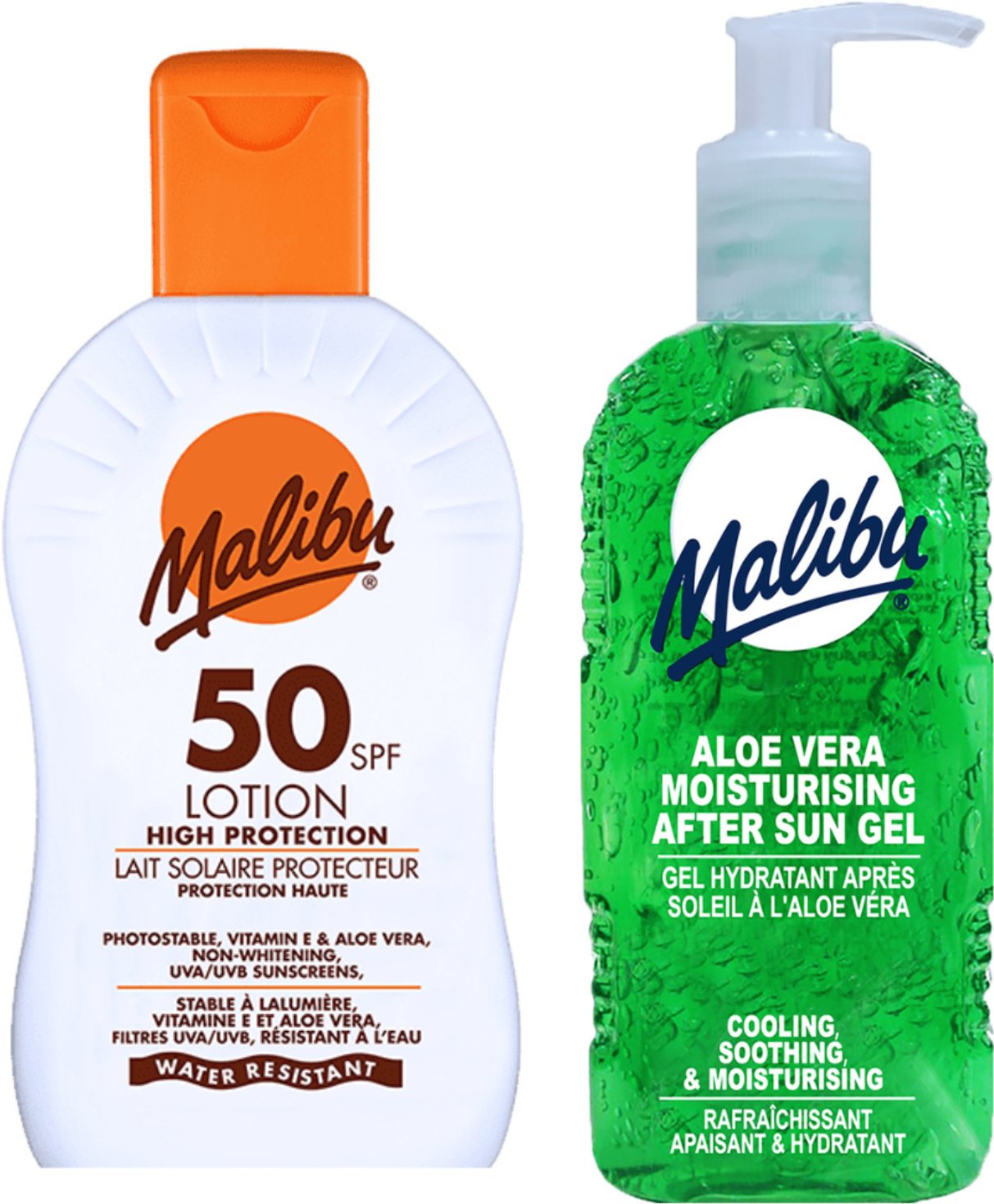 Malibu SPF50 Wodoodporny Balsam 200ml + Aloe Żel Po Opalaniu 200ml