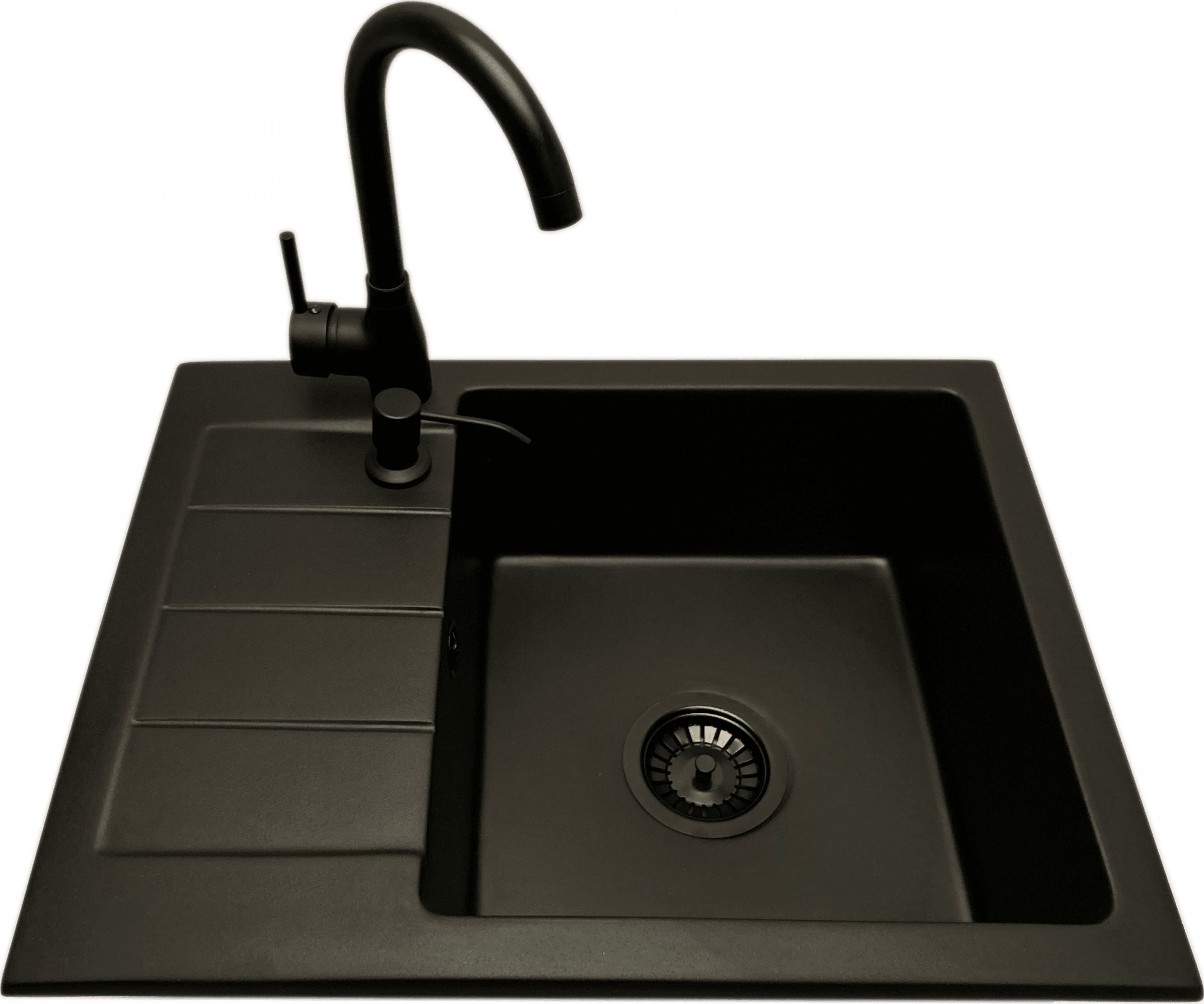 Zlewozmywak PREHNIT Zlewozmywak jednokomorowy z ociekaczem ADAL czarny z lewym ociekaczem + bateria LUNA + dozownik