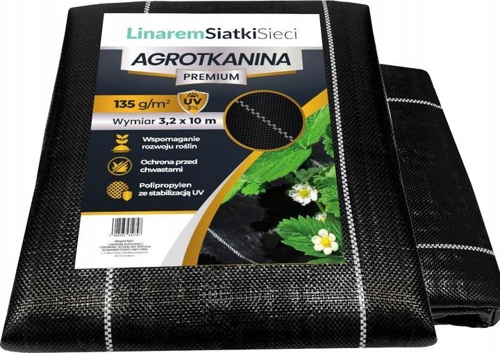 Linarem SiatkiSieci AGROTKANINA 135G 3,2x10m PREMIUM UV 3% AGROWŁÓKNINA CZARNA MATA + KOŁKI