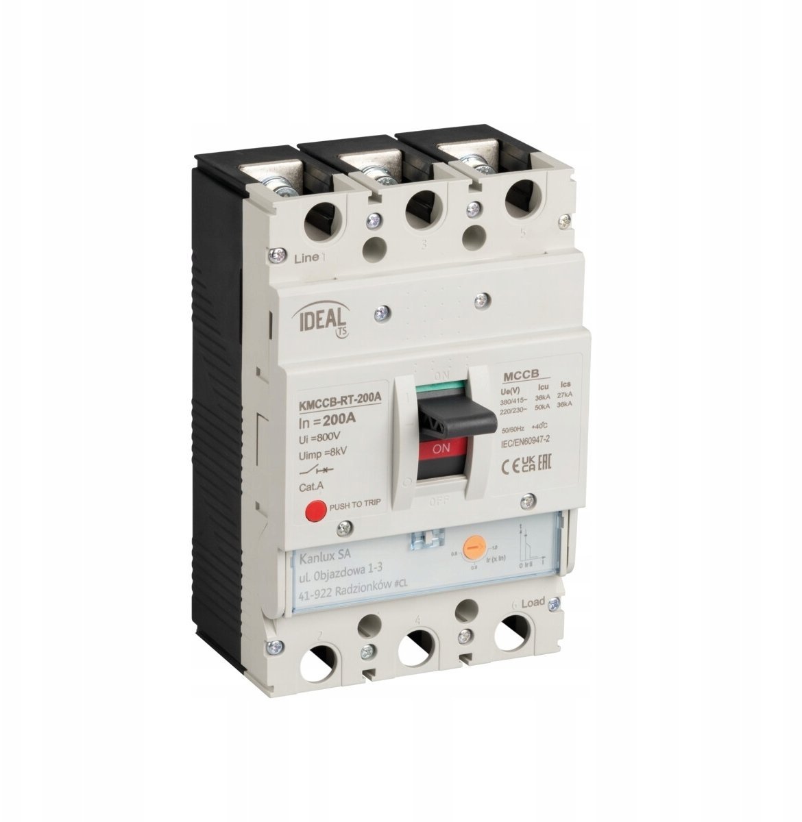 Wyłącznik kompaktowy MCCB KMCCB-RT-200A regulacja czł. termicz. 3 bieguny Ics 36kA(380/415V AC) Icu 50kA(220/230V AC) IP20 37283