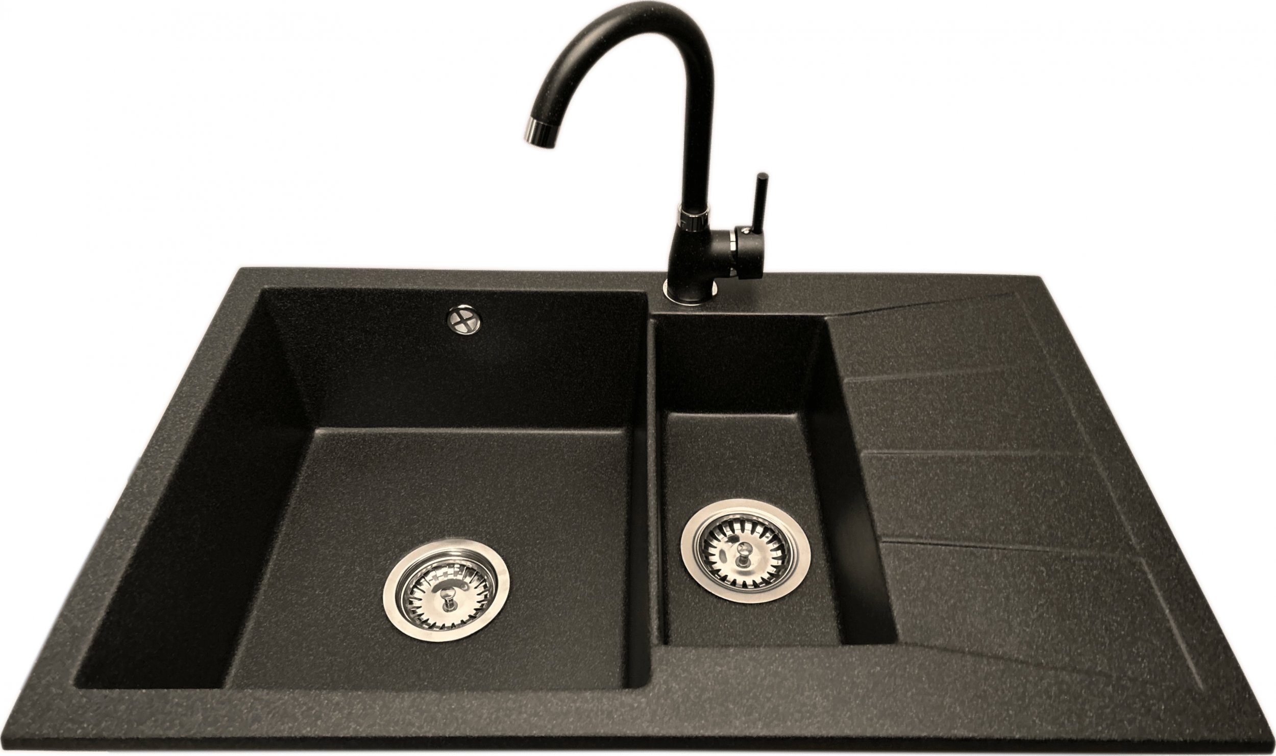 Zlewozmywak PREHNIT Zlewozmywak 1,5 komorowy z ociekaczem MILOS grafit z prawym ociekaczem + bateria NOON