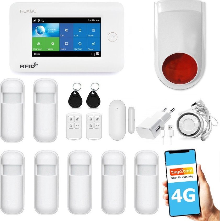 Huxgo Bezprzewodowy alarm GSM + WiFi HXA006 4G LTE z aplikacją TUYA SMART - C7 + syrena bezprzewodowa