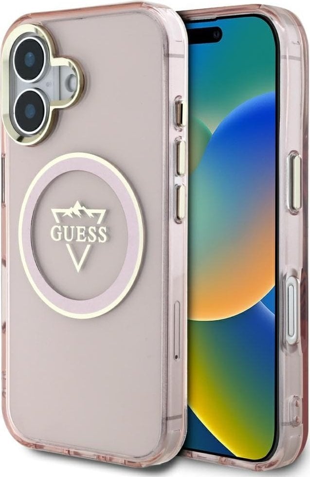 Guess IML Metal Mountain Logo MagSafe iPhone 16 Case Pink