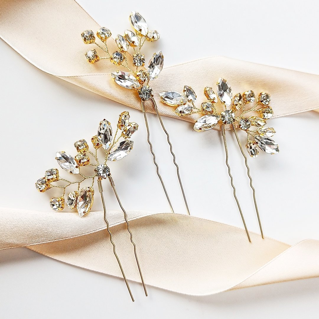 KOKONET KOMPLET wsuwek spinek szpilek do fryzury na ślub BŁYSZCZĄCE złote efektowne