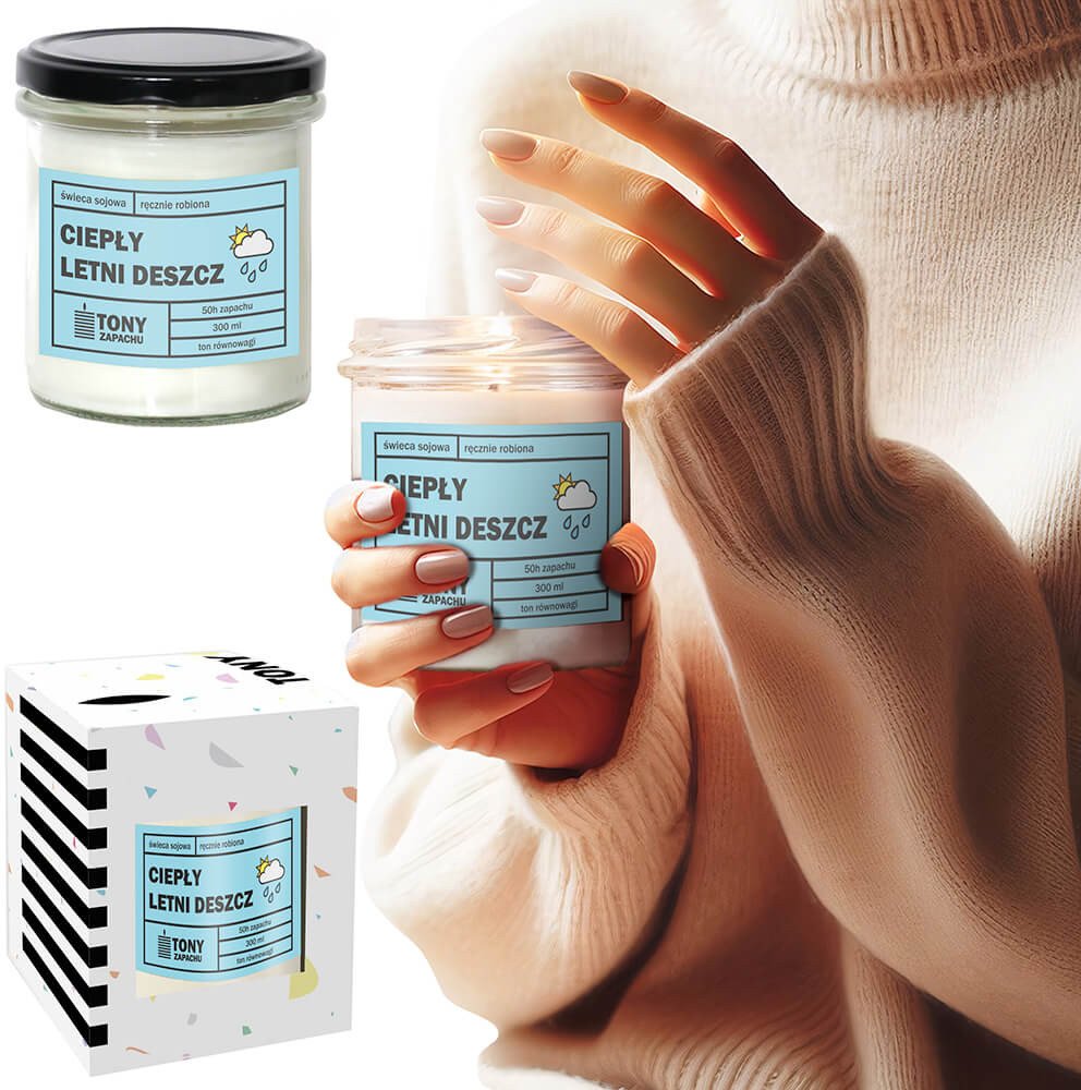 Świeca sojowa naturalna zapachowa CIEPŁY LETNI DESZCZ- najlepsza aromatyczna bezpieczna ręcznie robiona w szklanym słoiczku 300ml 50h palenia na preze