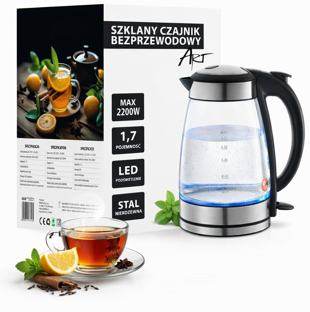 CZAJNIK ELEKTRYCZNY SZKLANY LED 1.7L ART