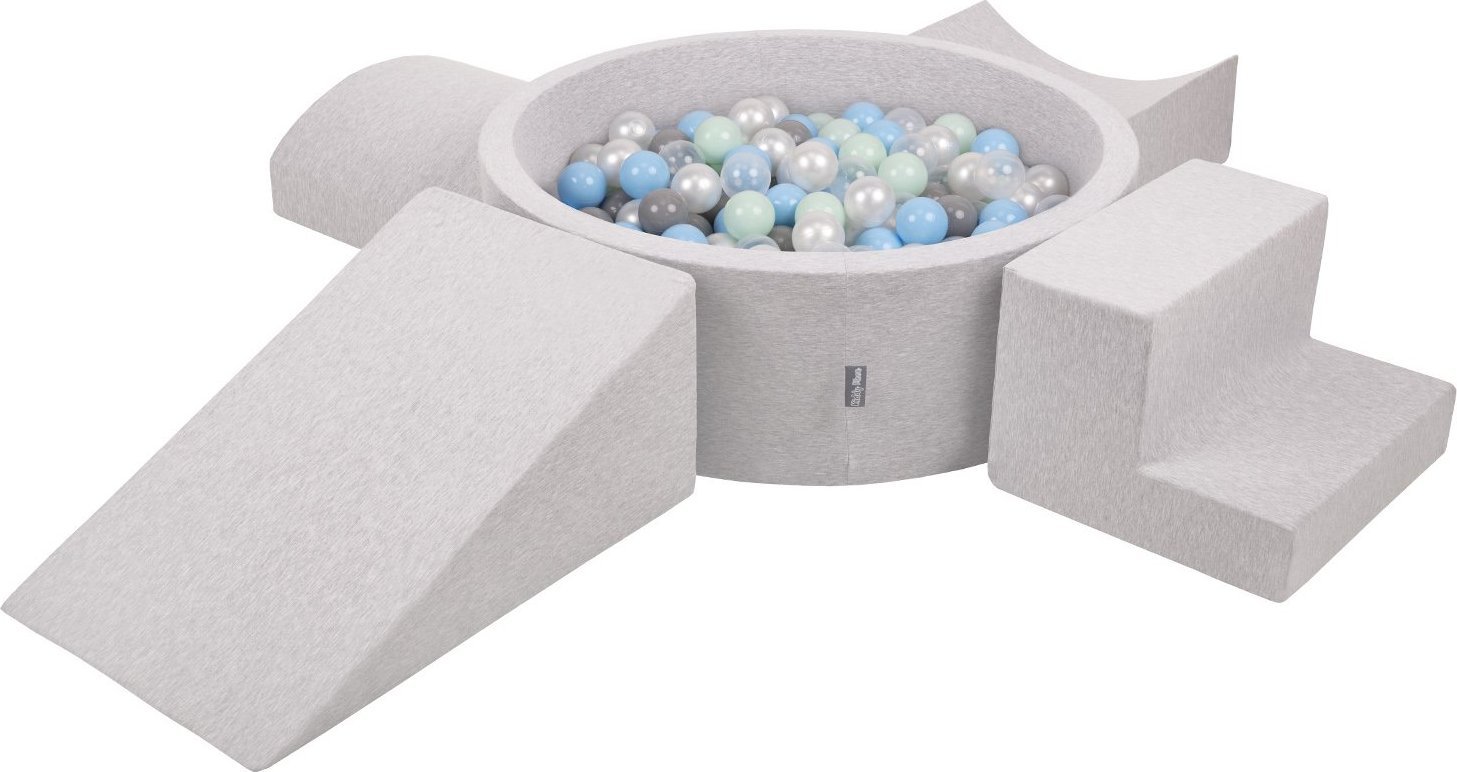 KiddyMoon KiddyMoon Piankowy plac zabaw PPZP-OK30D-115 z piłeczkami jasnoszary: perła-szary-transparent-babyblue-mięta basen 200/klin L/rampa L/półwał