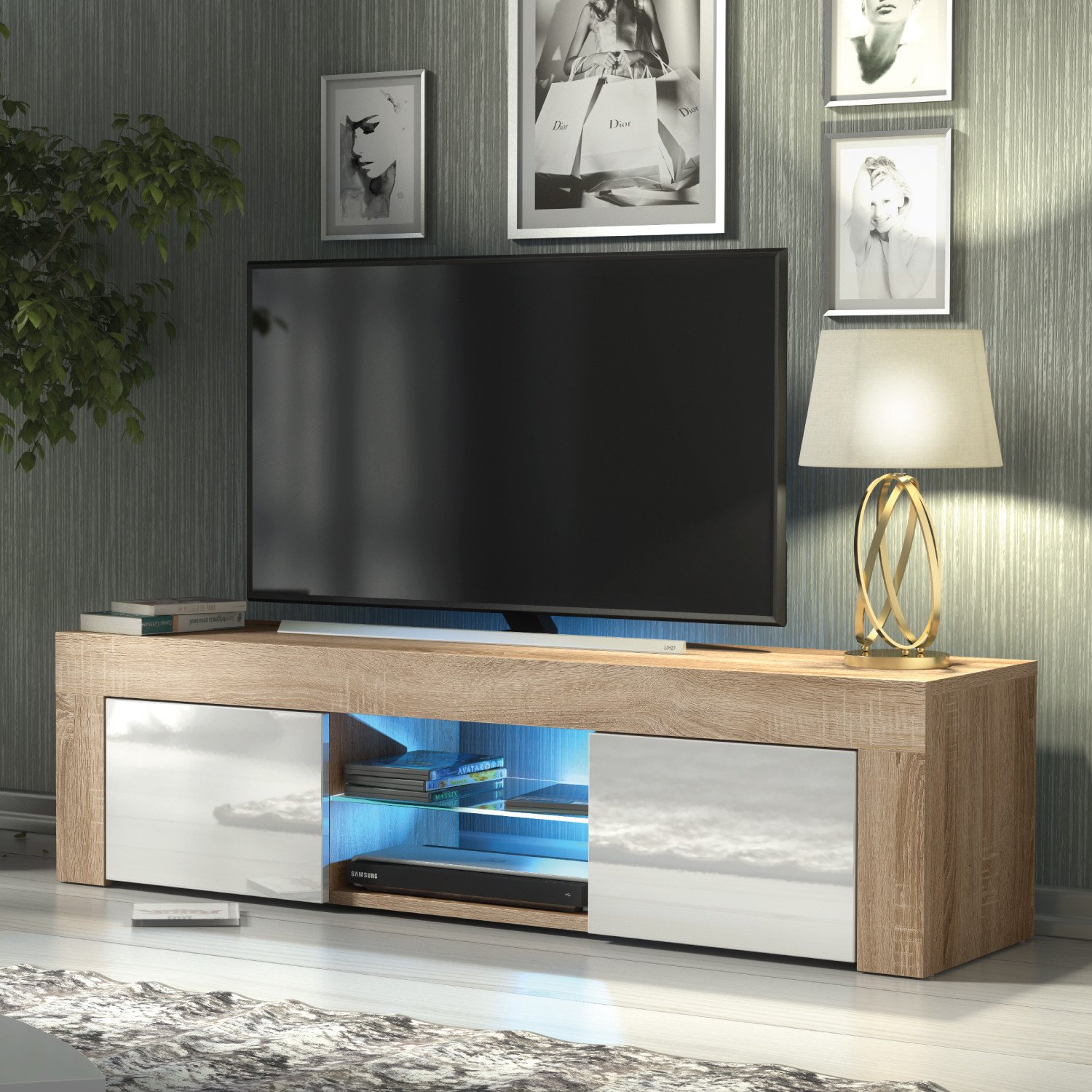 Szafka RTV 130cm ONE FURNITURE - Dębow Laminat & Białe Drzwi