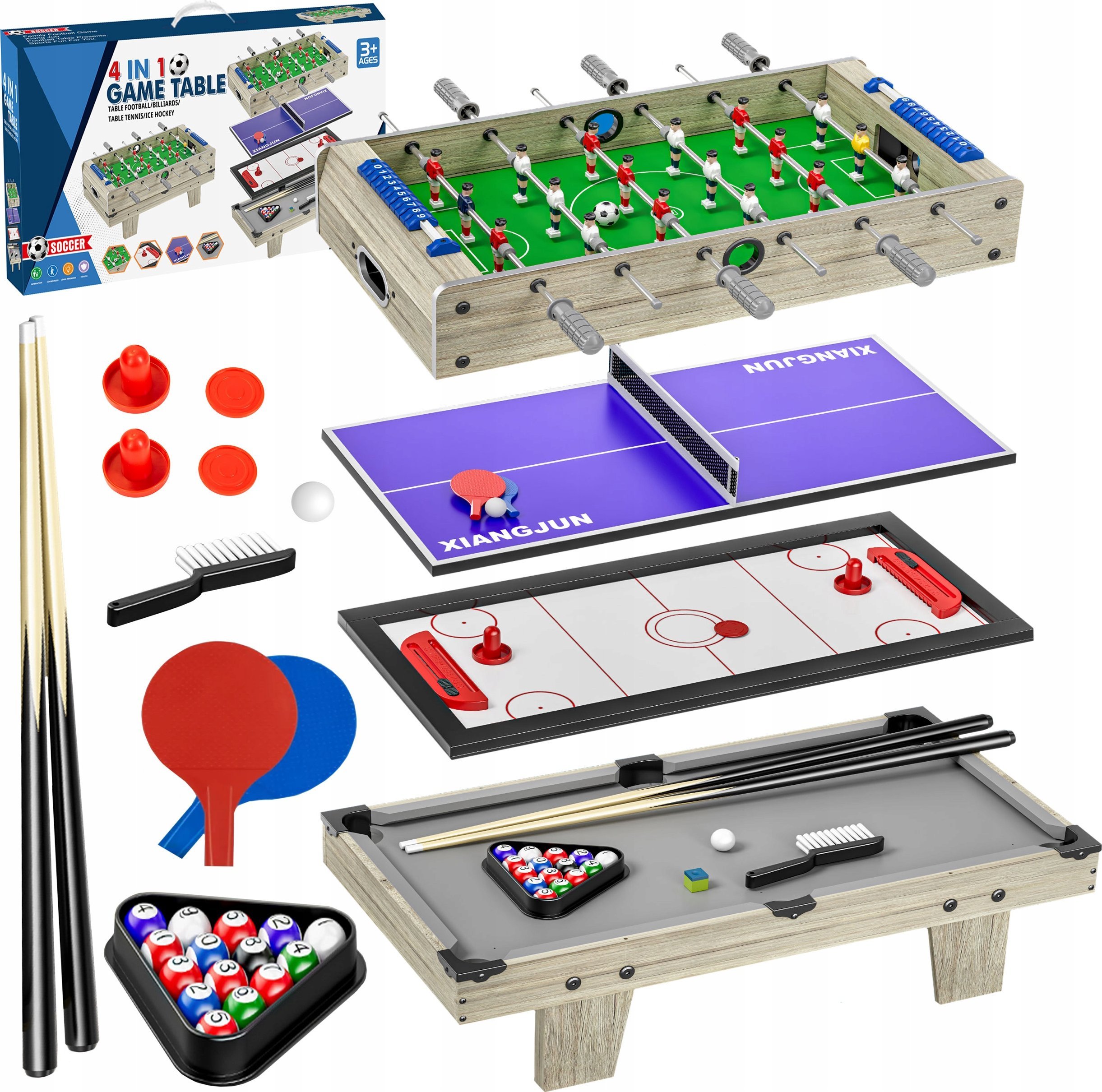 Stół Do Gry 4W1 Bilard Hokej Ping Pong Piłkarzyki Dla Dzieci Zestaw Drewno