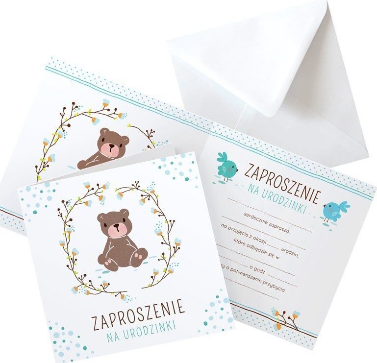 ZAPROSZENIA na Urodzinki Miś dla chłopca 10szt (+koperty)