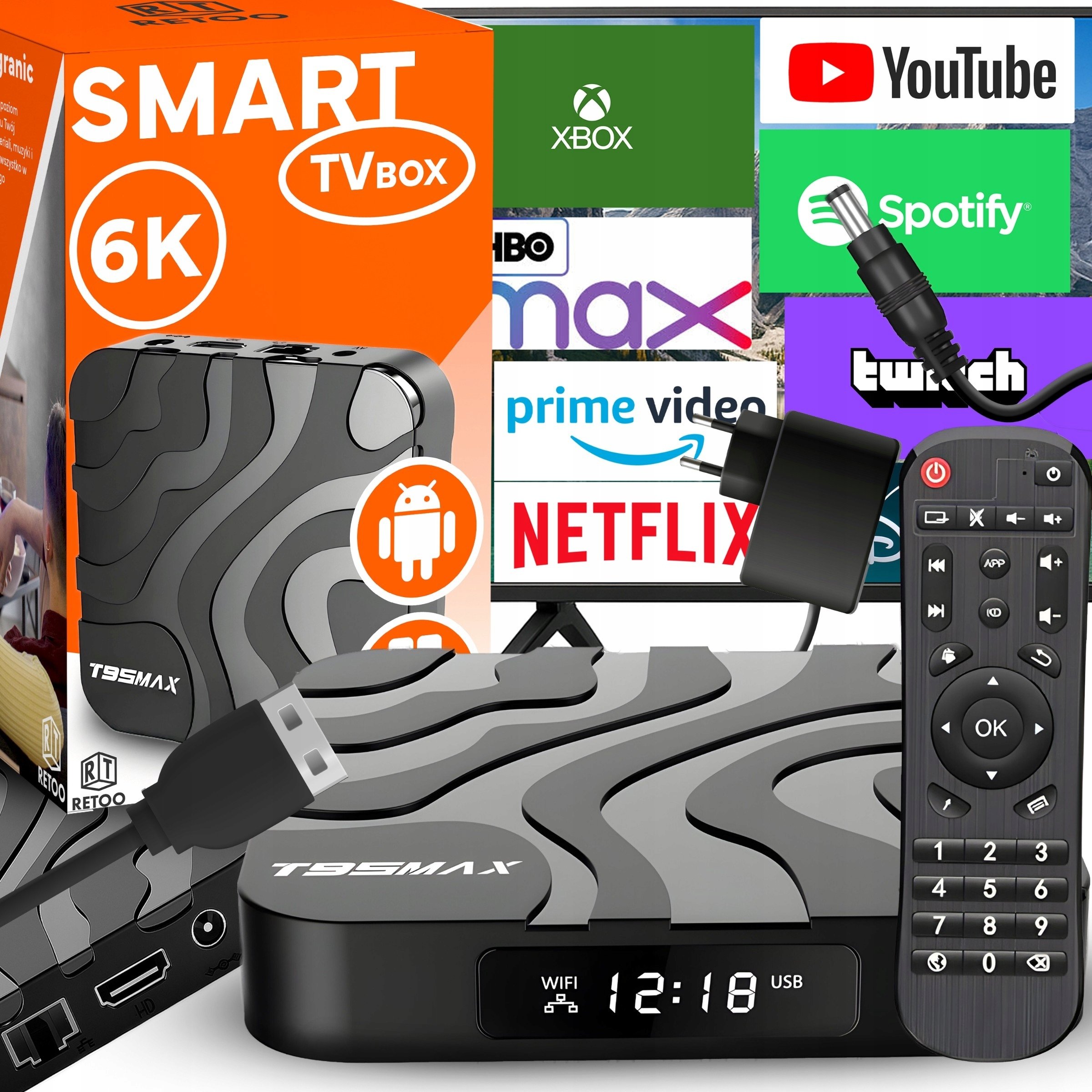 SMART TV BOX T95MAX ANDROID 9 64BIT 6K WIFI HDR USB 3.0 + PILOT KABEL HDMI