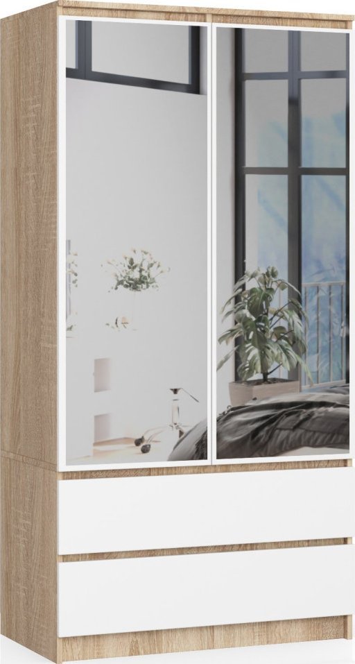 Fabryka Mebli Akord SZAFA S 90 cm 2 DRZWI 2 SZUFLADY 2 LUSTRA SONOMA / BIAŁA