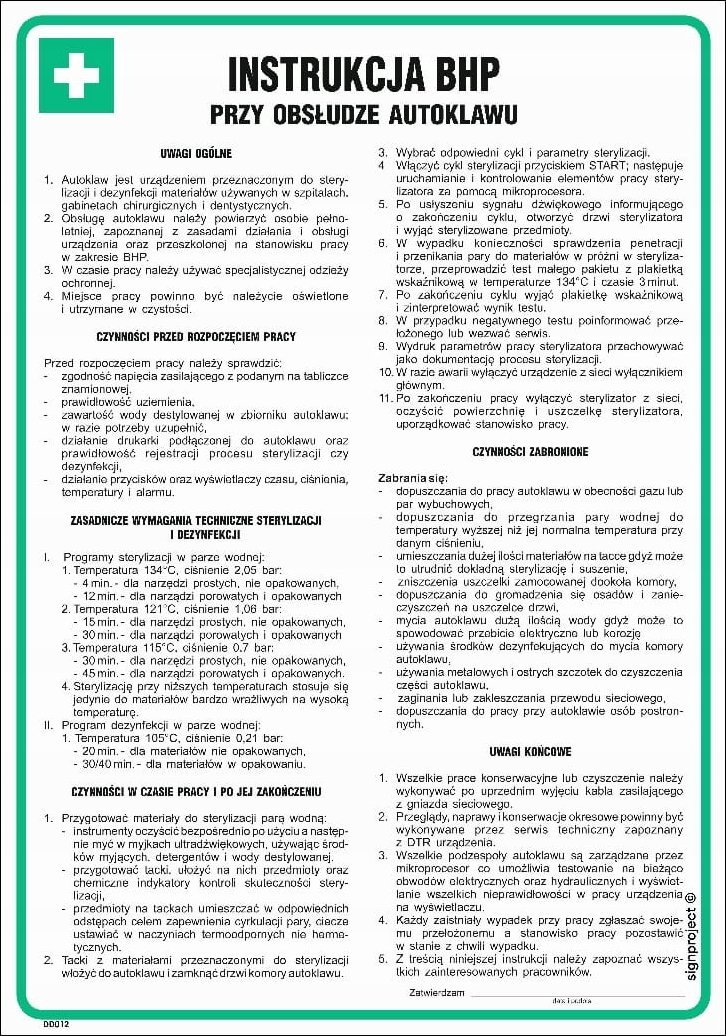 Mój dom Instrukcja Bhp Przy Obsłudze Autoklawu 25 X 35 Cm - Płyta Pcv Libres Polska Sp Sgp-Dd012_245X350_Fn 5904937010451