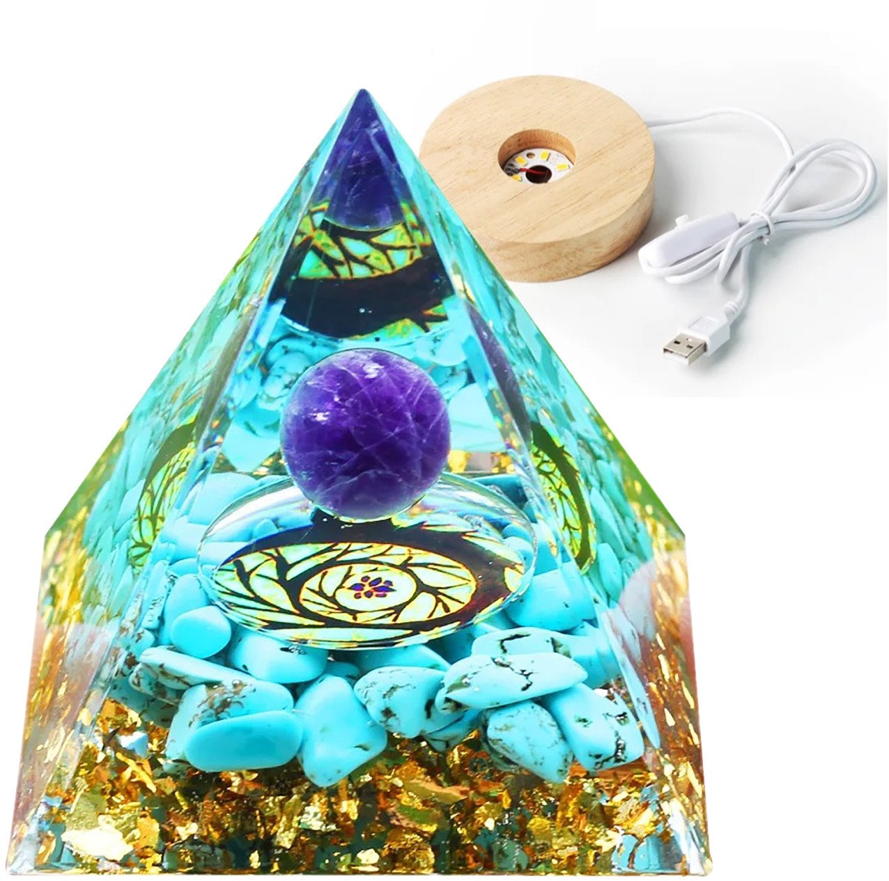 Piramida ORGONIT +LED Lampka PODSTAWA 5cm KRYSZTAŁ KAMIENIE AMULET 5cm HX18