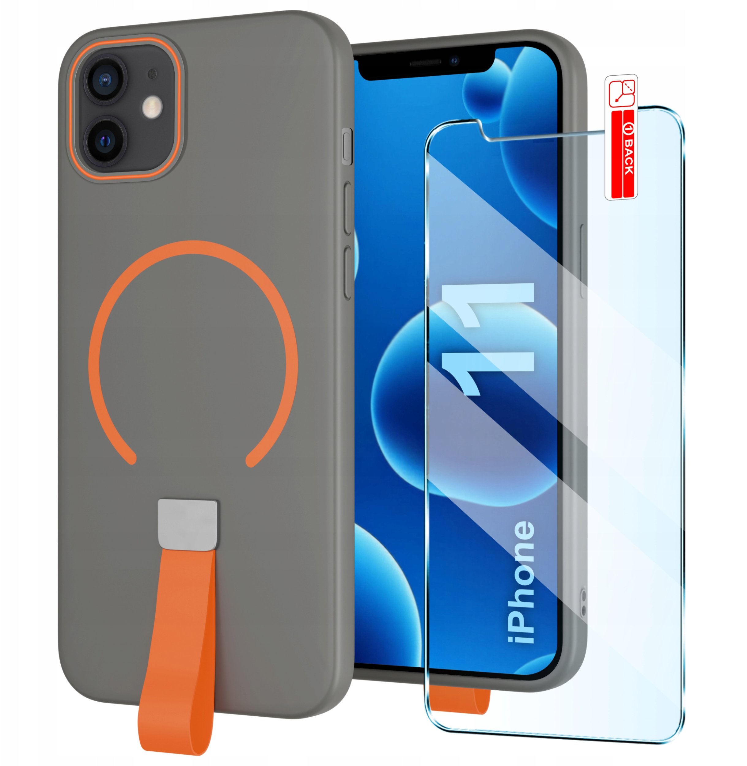 Etui z Paskiem na palec Matowe SZARE do iPhone 11 |do MagSafe +Szkło