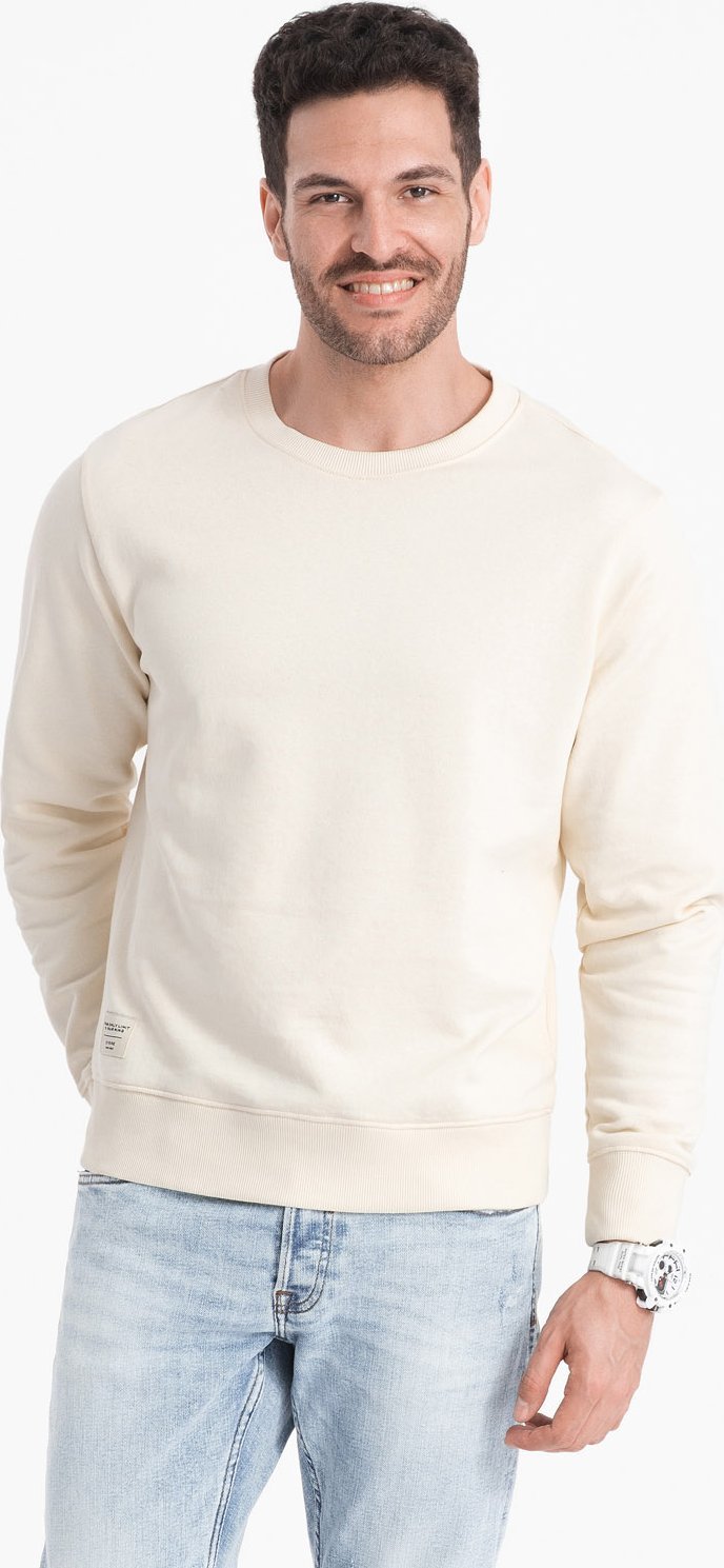 Ombre Bluza męska dresowa BASIC z okrągłym dekoltem - kremowa V11 OM-SSBN-0175 S