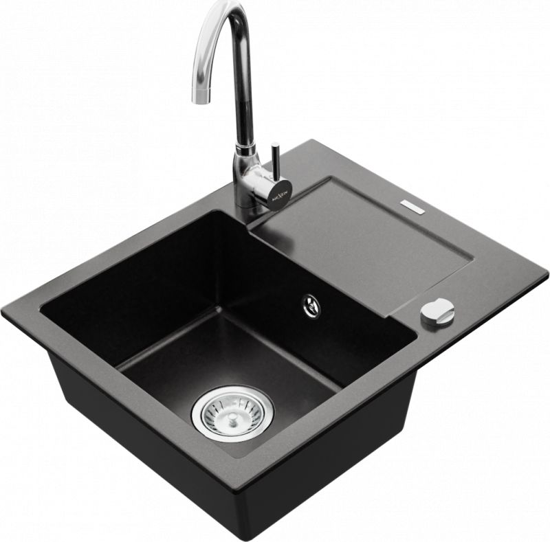 Zlewozmywak Mexen Enzo granitowy 1-komorowy z ociekaczem i baterią kuchenną Telma, czarny - 6506-77-670200-00