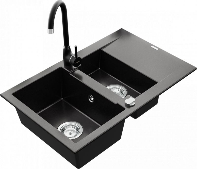 Zlewozmywak Mexen Mexen Gaspar zlewozmywak granitowy 1,5-komorowy z ociekaczem i baterią kuchenną Telma, czarny - 6507-77-670200-70