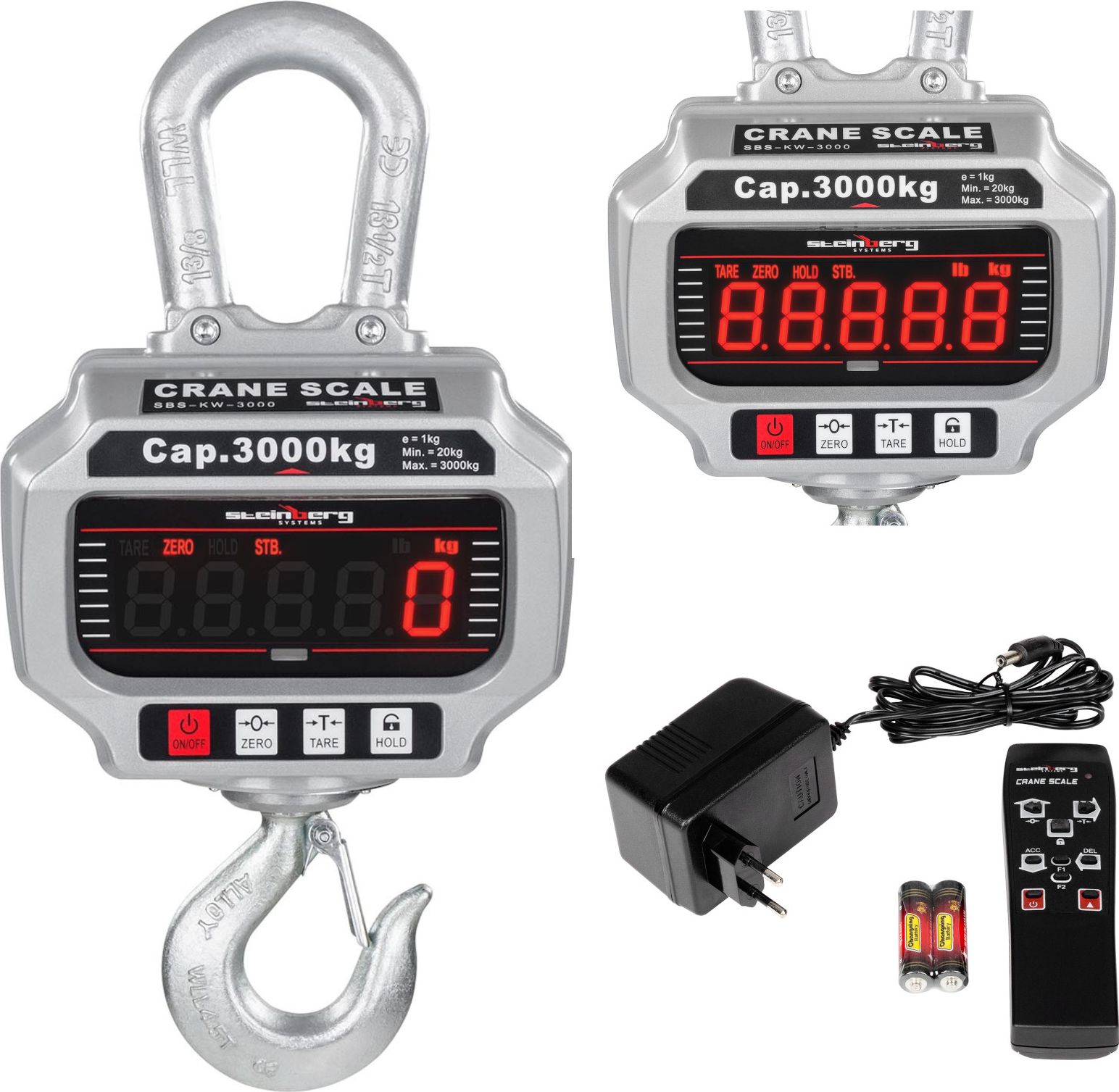 Steinberg Waga hakowa 3 Tony zdalnie sterowana przemysłowa - LED Waga hakowa z pilotem SBS-KW-3000 LED do 3 Ton