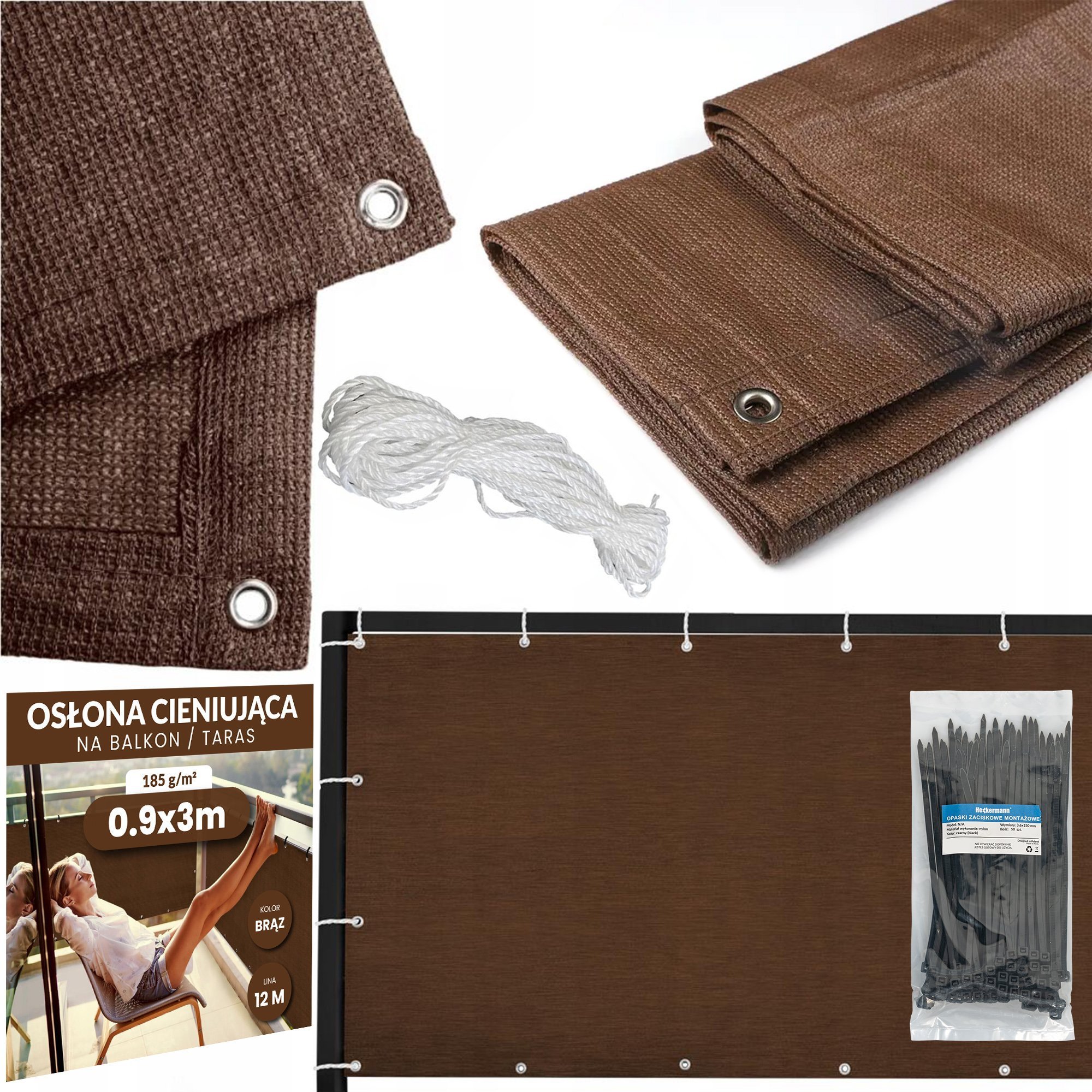 Heckermann Zestaw Osłona balkonowa 0,9x3m Heckermann - Brązowa + Opaski zaciskowe 50szt - Czarne