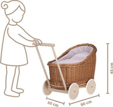 WickerPL Wózek i kolebka wiklinowa dla lalek z różówym obszyciem 46x28 H20/25 / 60x30 H45 CM