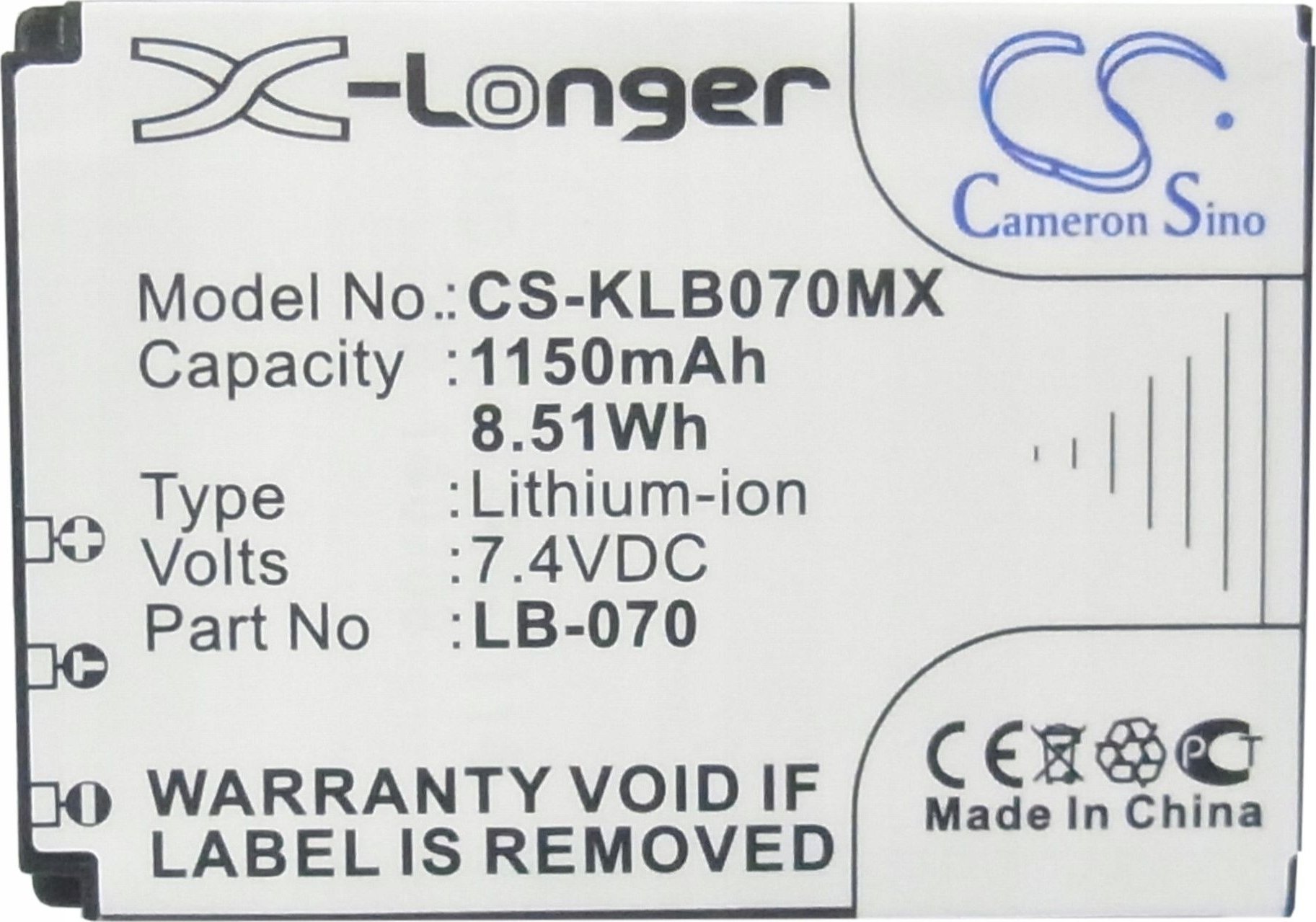 Cameron Sino Akumulator Bateria Typu Lb-070 Lb070 Do Kodak Pixpro S1 S-1 Az651 Astro Zoom Az652 Az901 / Cs-klb070mx
