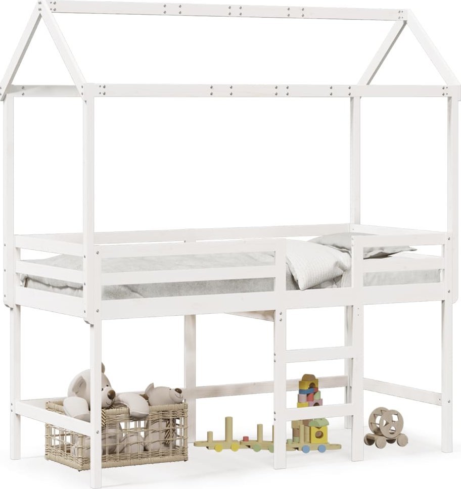 vidaXL Łóżko na antresoli, z drabiną i dachem, białe, 90x190 cm, sosna