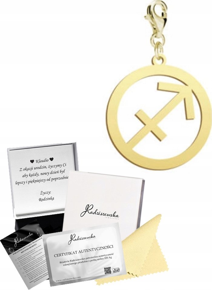 Radziszewska Jewellery Charms Złoty Znak Zodiaku Strzelec Zodiak Srebro 925 DEDYKACJA GRATIS