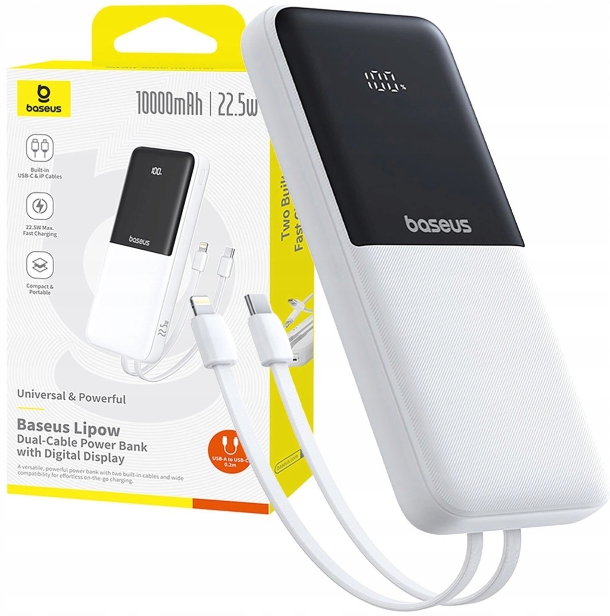 Powerbank Baseus Powerbank Lipow 10000mAh 22,5W with two built-in cables (with Baseus Simple USB-A - USB-C 3A 20cm) - biały