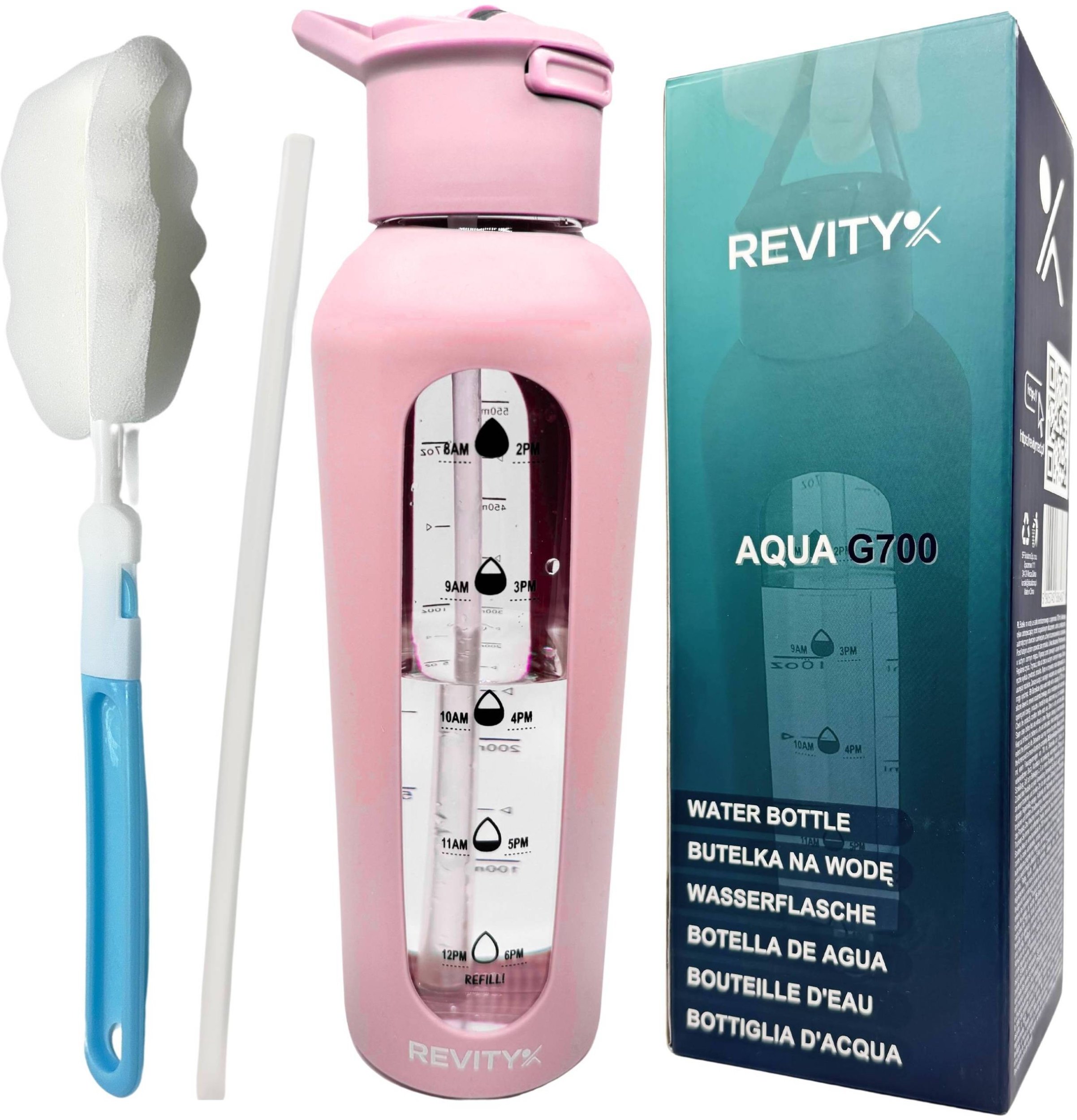 Revity Szklana butelka na wodę bidon z dziubkiem i miarką w silikonowym etui