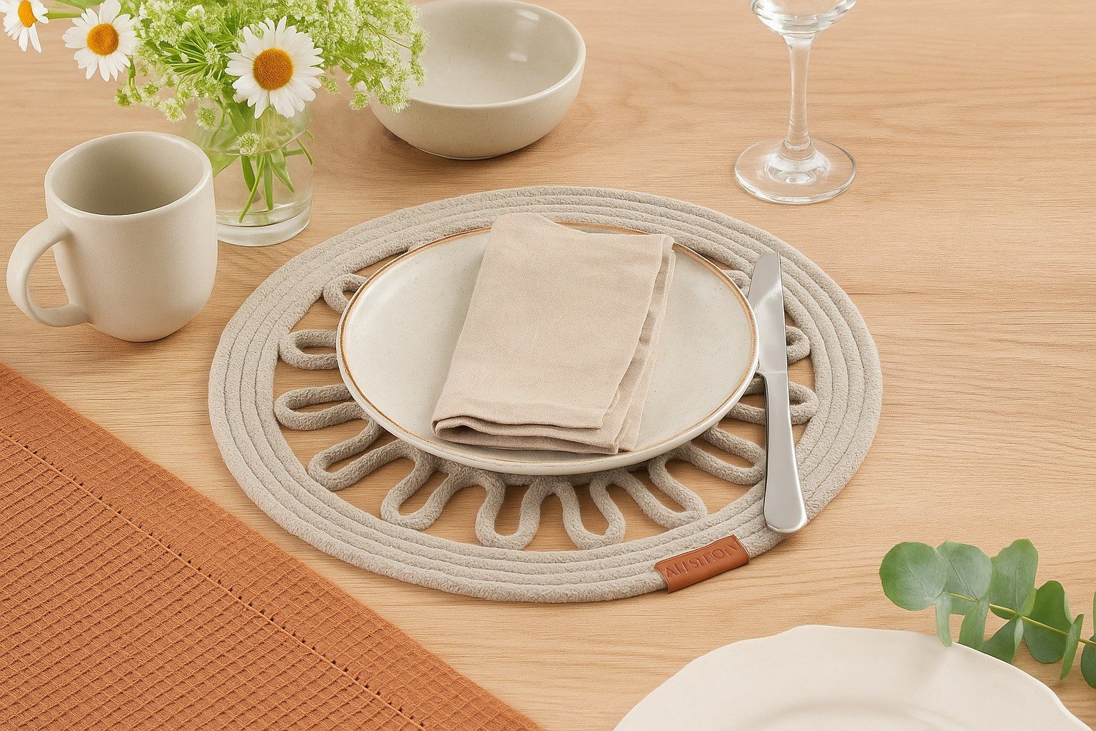 Mata stołowa 35 cm Boho sznurek szara