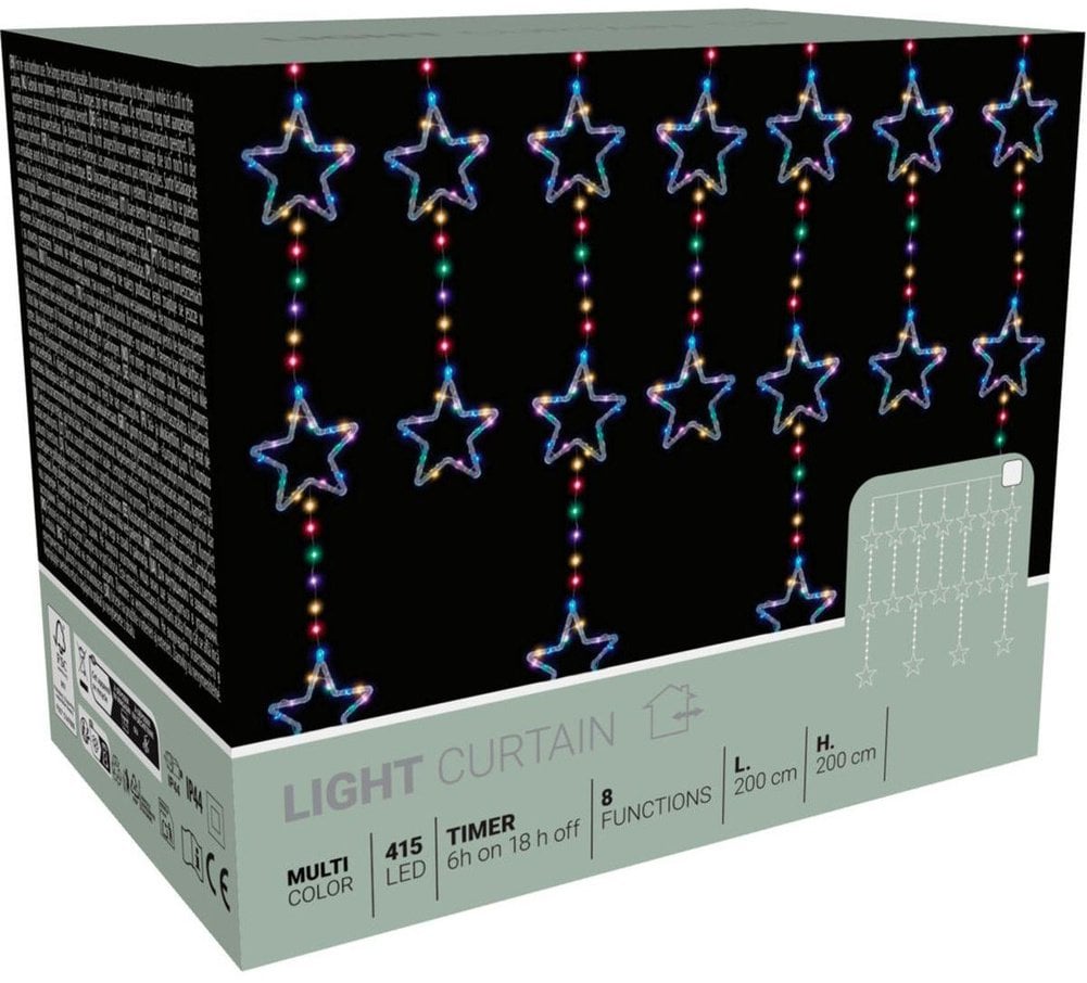 LAMPKI CHOINKOWE KURTYNA ŚWIETLNA 200x200 CM 415LED GWIAZDKI MULTIKOLOR