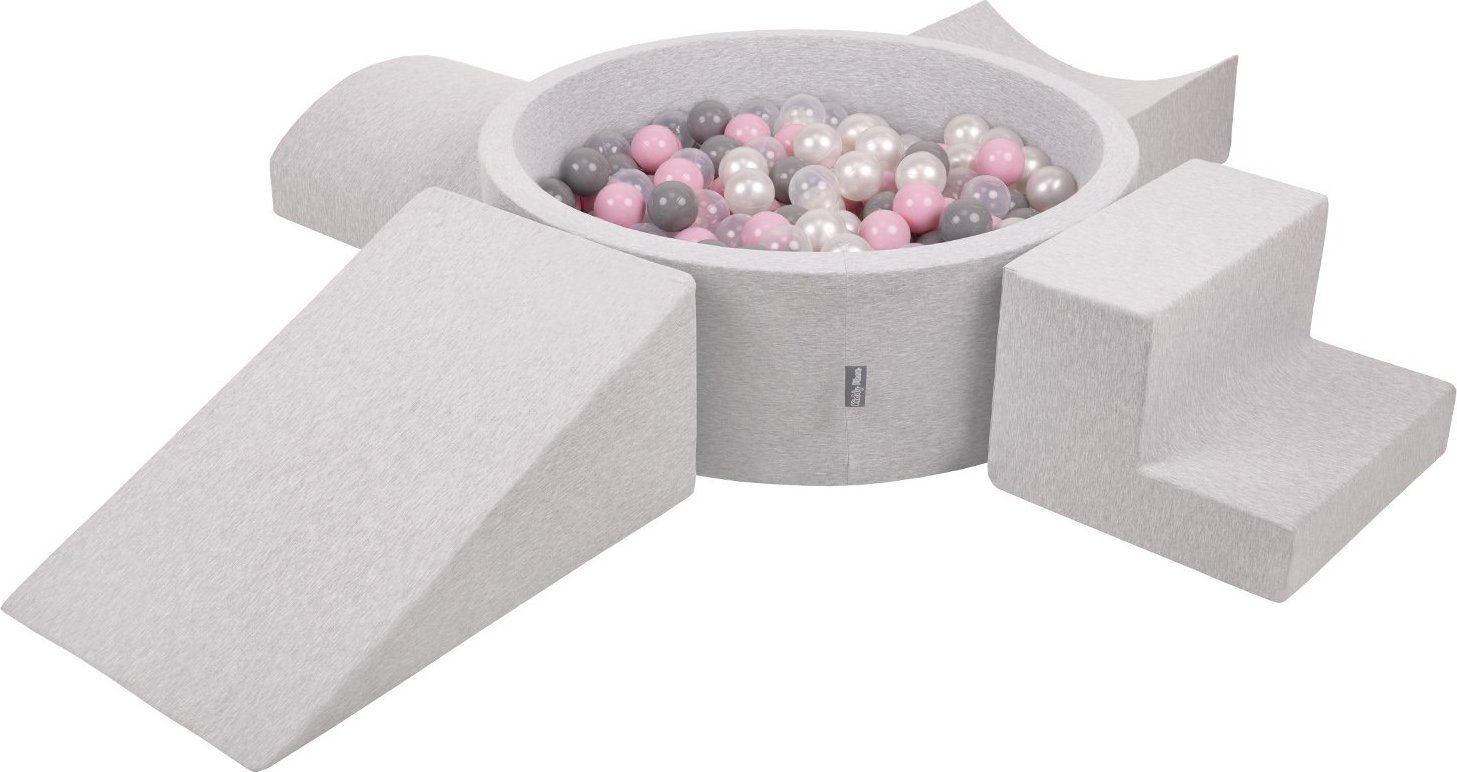 KiddyMoon Piankowy plac zabaw PPZP-OK30D-115 z piłeczkami jasnoszary: perła-szary-transparent-pudrowy róż basen 200/klin L/rampa L/półwałek L/schodek