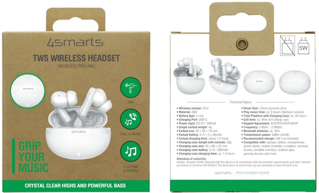 Słuchawki 4smarts TWS Bluetooth słuchawki SkyBuds Pro ANC, biały