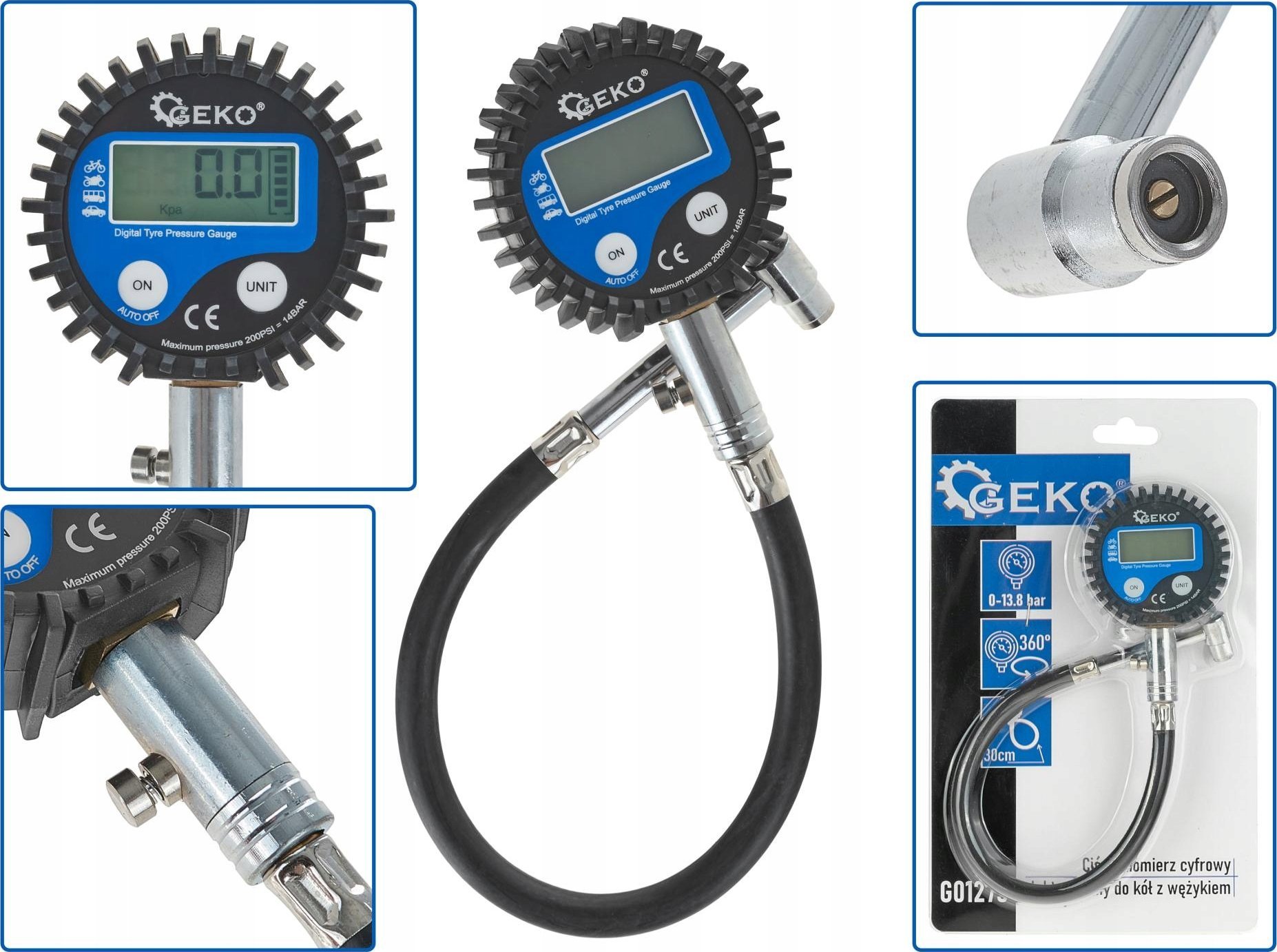 Geko Ciśnieniomierz cyfrowy – elektroniczny do kół z wężykiem (60)