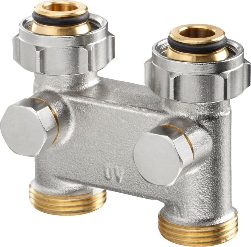 Oventrop tap block diverter piece, straight shape for swapped flow and return