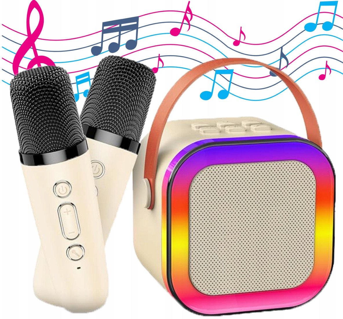 ZESTAW KARAOKE GŁOŚNIK BEZPRZEWODOWY DWA MIKROFONY BT KOLORY PRZENOŚNY RGB