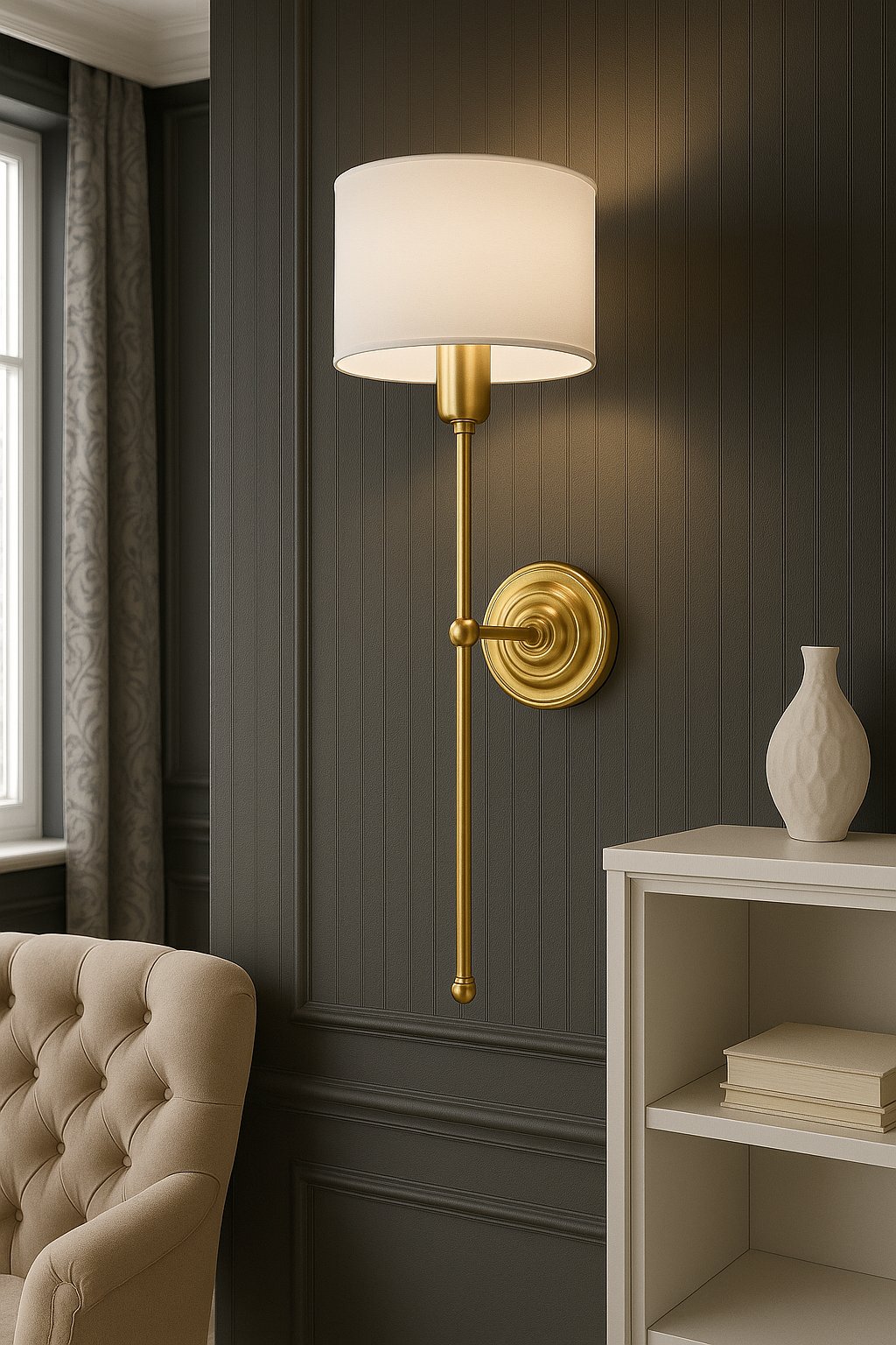 Kinkiet ścienny z mosiądzu z abażurkiem