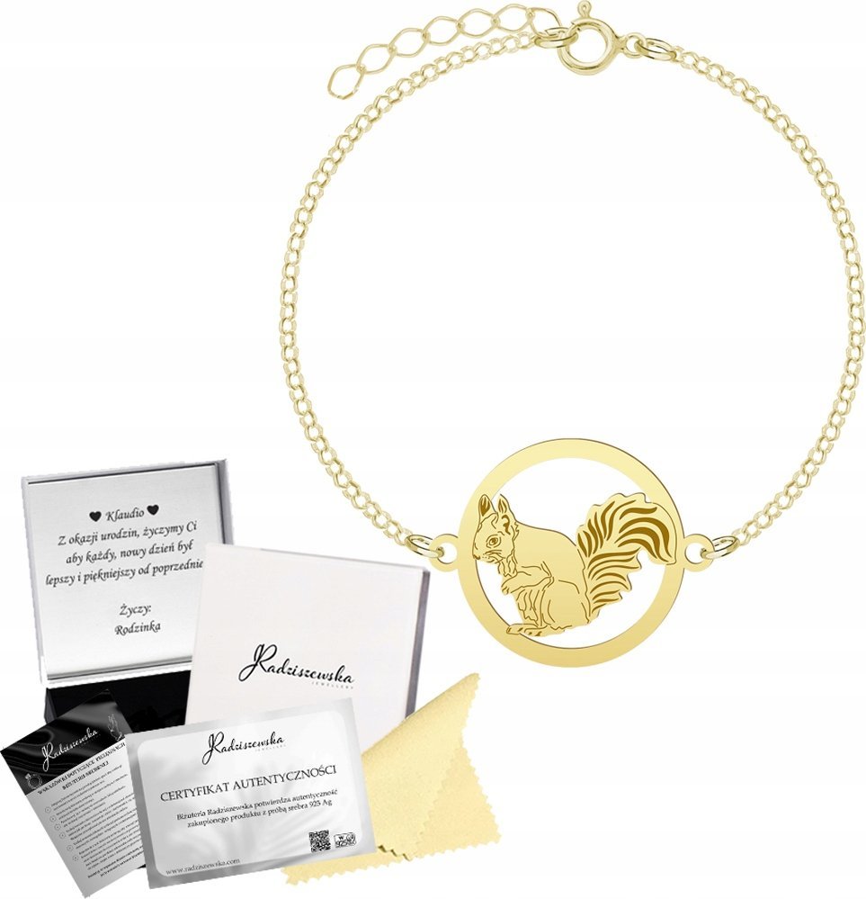 Radziszewska Jewellery Bransoletka Złota z Wiewiórką Wiewiórka 925 Łańcuszek Prezent GRAWER GRATIS