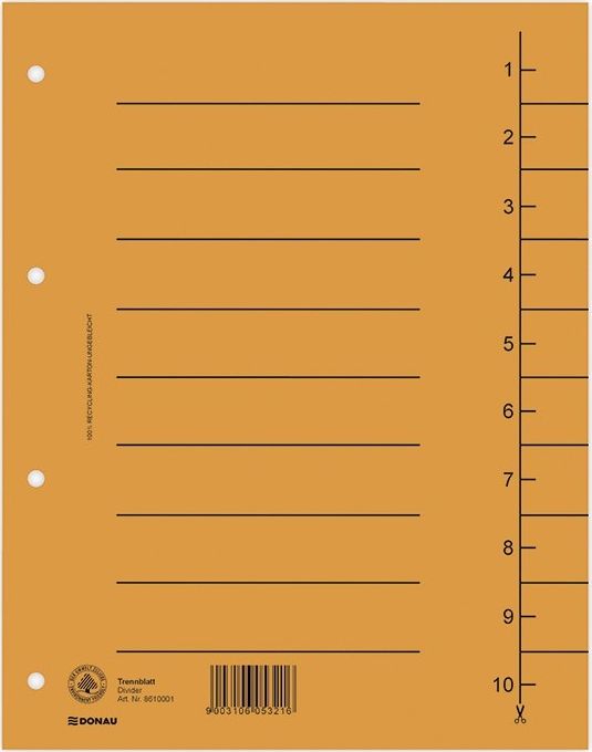 Donau Przekładka DONAU, karton, A4, 235x300mm, 1-10, 1 karta, pomarańczowa